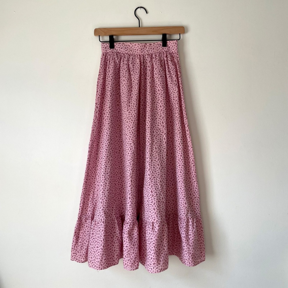 Vintage 80s Pink Praire Maxi Skirt Sz XS 00 Floral Ruffle Hem Cottagecore